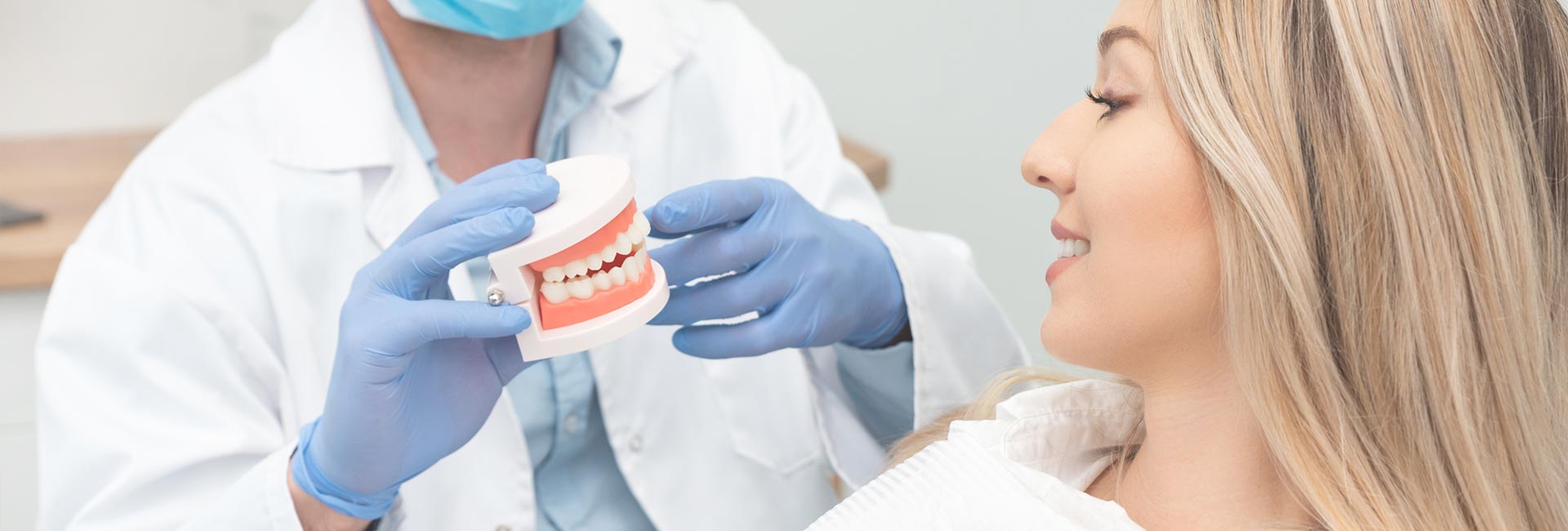 Dentist showing a teeth model to the patient